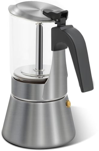 Grasseed Crystal Glass-Top Moka Pot, Polished Stainless Steel Stovetop Espresso Maker for Italian Coffee, Gift for Coffee Lovers - 4 Cup/160ml/5.6oz
