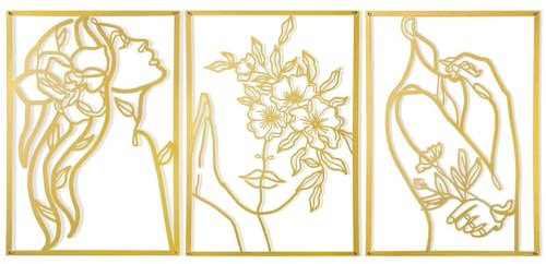 Wonninek 3Pcs Metal Wall Art, Minimalist, 28 x 38cm Gold | 1mm Thicken Wall Decor, Modern Home Decor for Bedroom Living Room