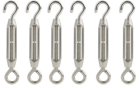 6 Piezas Tensores para Toldos, Tensores Cuerda Tendedero, Tensores de Acero Inoxidable M4 Ajustables con Gancho y Ojo, Resistente al Agua, Óxido y Corrosión, Para Tensar Cuerdas y Cables