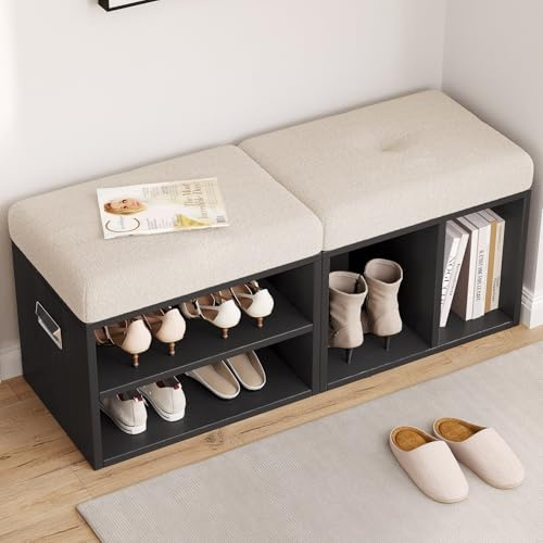 Guyii Velvet Shoe Storage Ottoman Set of 2, Beige Multi-Functional Stools with Soft Cushioned Seats, Space-Saving Entryway Benches for Closet, Bedroom, Living Room