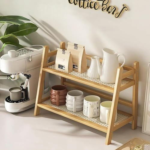 2 Tier Bamboo Coffee and Tea Station Organizer, Countertop Mug Holder, Cup Display and Condiment Rack, Kitchen Shelf for Cups, Matcha, and Accessories (Blonde Oak)