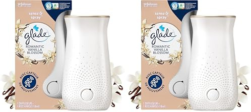 Glade Sense et Spray Diffuseur à Détection de Mouvement - Infusé Aux Huiles Essentielles - Jusqu'à 2 Mois de Parfum - Romantic Vanilla Blossom - 1 Diffuseur et 1 Recharge (Lot de 2)