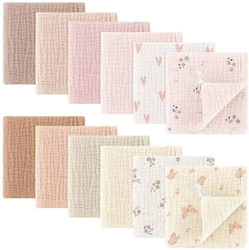 Bearmoss Baby Musselin Waschlappen Moltontücher 100% Baumwolle Weiche Spucktücher Baby,Atmungsaktiv und Extrem Saugfähig Musselin Tuch für Saugstark Mulltücher 12 Stück 25 x25cm (Rosa-Braun)