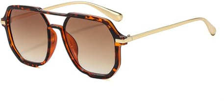 YAMEIZE 70s Retro Pilot Style Occhiali da Sole - per Donna Uomo Vintage Doppio Ponte Occhiali da Sole UV400 Protezione Ombra di guida (Leopardo Marrone chiaro)