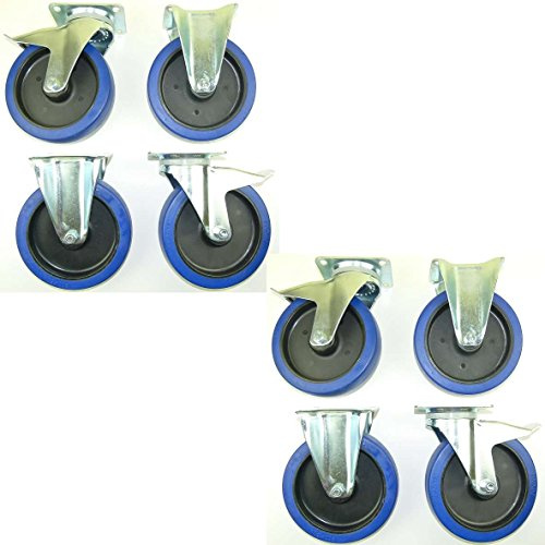 2 Satz 200mm Blue Wheels Lenkrollen mit Bremse/Feststellbremse + Bockrollen, Transportrollen Elastik Blau 350kg / Rad - INDUSTRIEQALITÄT (4x Brems + 4x Bock)