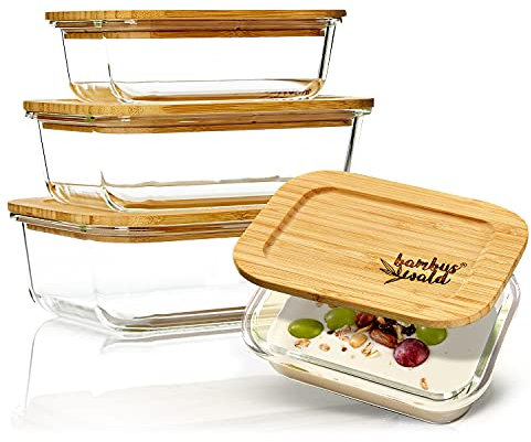 bambuswald© Bocaux de rangement, verre à couvercle hermétique, lot de 4 | verrouillables et empilables 370ml 640ml 1040ml 1520ml -moule à soufflé pour le four, boîte à charcuterie