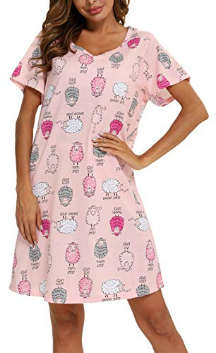 ENJOYNIGHT Camisón de Manga Corta para Mujer Camisones de Algodón Estampado Pijama de Verano (Medium,Oveja Rosa)