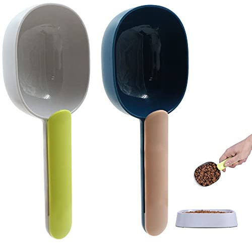 Cucharas Medidoras para Alimentos Mascotas - Cuchara de Comida Perros Mango con Clip Bajo Gatos Rellenar Cocina Bar Buffet Fiestas Harina Trigo Frutos secos Especias 2 PCS (Indigo + Polvo Gris Verde)