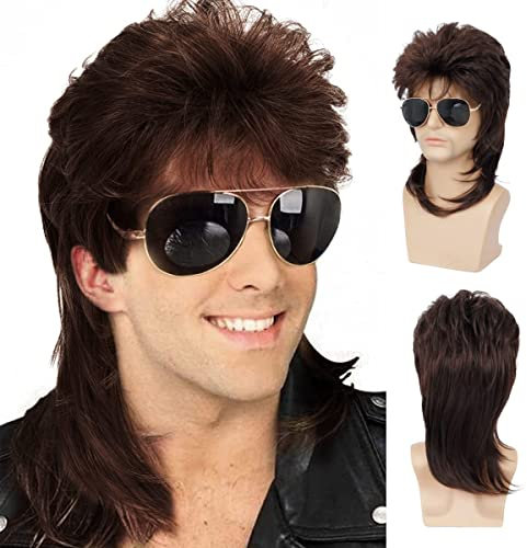 Qnbiar Herren Vokuhila Perücke Braun Lockig 70er 80er Cosplay Kostüm Halloween Perücke Retro Disco Punk Rocker Perücken