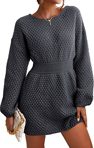 CUPSHE Vestido de punto para mujer, cuello redondo, manga larga, de punto grueso, jersey de invierno, jersey de punto, informal, suéter de punto mini vestido, Negro , XL