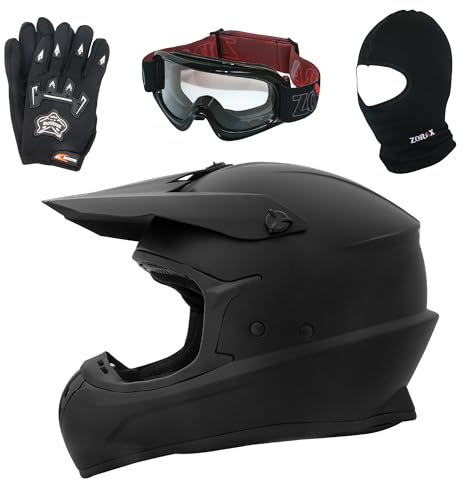 Zorax Matt Black M (57-58cm) ZOR-X305 Motocross HELMET & Gloves M(9cm) & Goggles & Balaclava - MX Quad ATV Sports Enduro Crash Dirt Bike Helmet ECE 22.06 Certified