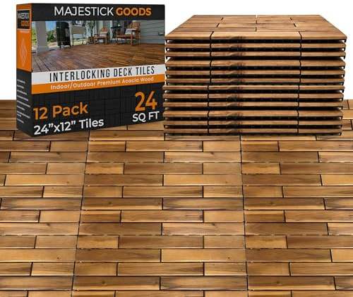 Majestick Goods Interlocking Long Deck Tiles - 24x12 Acacia Hardwood Outdoor Flooring for Patio, Balcony & Walkway - Easy Snap Together Wood Floor Panels, 2 Pack (12pcs) Covers 24 Sq Ft