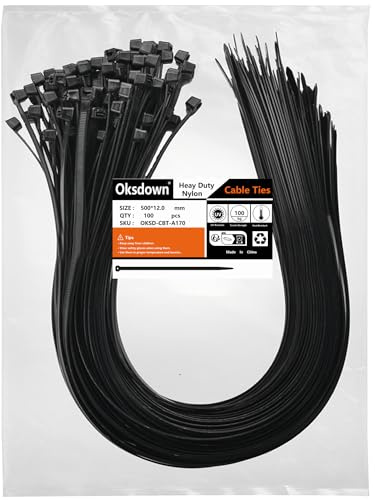 Oksdown 100 Pack Black Extra Thick Cable Ties Heavy Duty Large 500mm×12.0mm Strong Nylon Plastic Self Locking 20 inch/50 cm Long Zip Tie Wraps