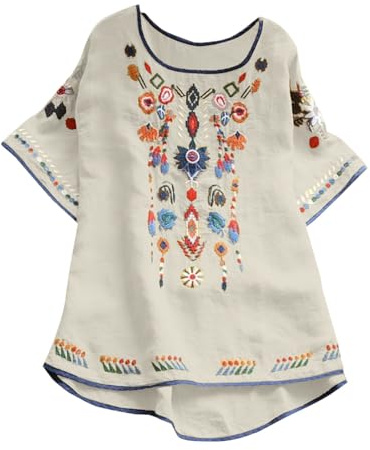 Keepink Haut mexicain brodé pour femme - Chemisier paysanne - Chemise d'été mexicaine en coton et lin à manches courtes - Tunique longue bohème - T-shirt décontracté - 36-46, 2 x beiges, 36
