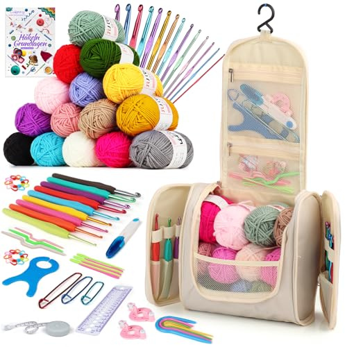 Coopay Set all'uncinetto portatile per principianti, set completo con uncinetti ergonomici da 2,0 – 10 mm, 15 colori lana per uncinetto, istruzioni, accessori all'uncinetto e borsa, set regalo