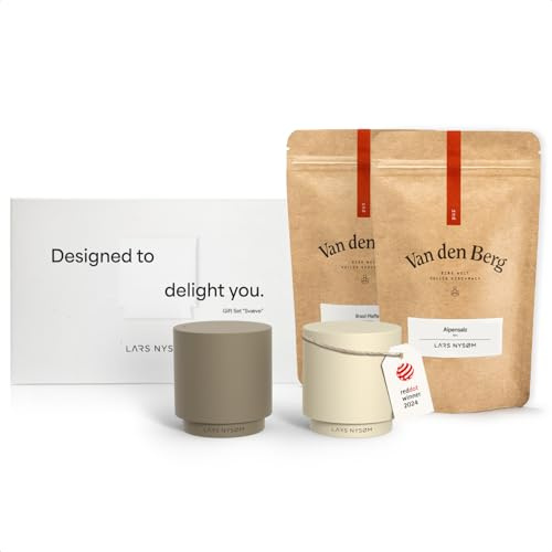 LARS NYSØM Set regalo con saliera e pepiera & spezie - Mini saliera e pepiera di design con il miglior sale alpino e pepe del Brasile in un'attraente confezione regalo (Brown/Beige)