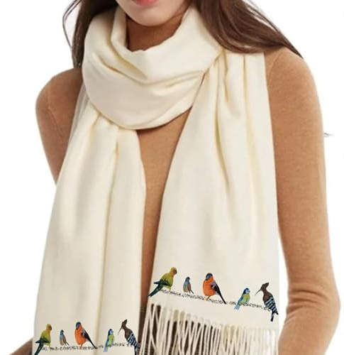 Art on Scarves British Handprinted Cashmere Feel Scarf, Ultra-Soft Lightweight Pashmina Shawl for Women, Machine Washable All Seasons Wrap, Original Birds on a Wire Design