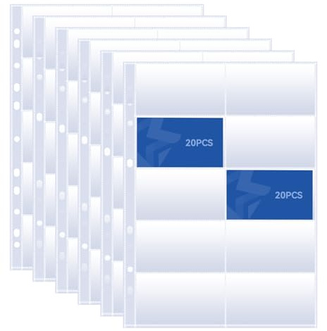 20 Pack Visitenkartenhüllen A4, Klarsichtfolie für Postkarten, Visitenkartenhülle A4 mit 10 Fächern, Fotohüllen für Ordner, Transparente Postkartenhüllen mit 11 Löchern, für Visitenkartenhülle