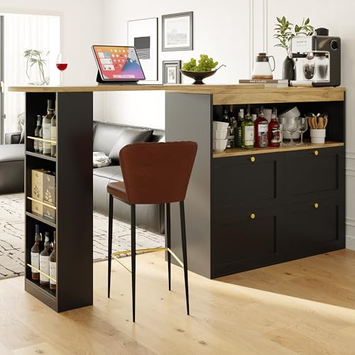 Merax 360° swivelling 3 Tier Dining Bar table, with storage cabinet with 4 Drawers and Open Shelves, Extendable Table, for Kitchen, Dining Room, Living Room, Black/Main Body 105 x 39 x 102 cm