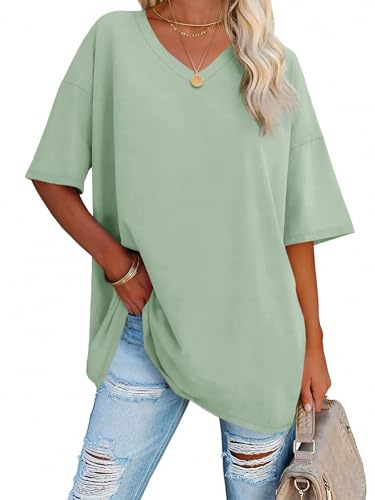 Ebifin Oversized T-Shirt för Dam med V-Ringning, Ljusgrön, XXL