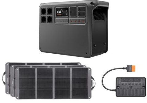 DJI Power 2000 Power Station portatile 2048 Wh, generatore solare da 3000 W con 3 pannelli solari da 120 W (zignes), 1 controller MPPT, unità di emergenza per casa, campeggio/camper.