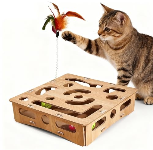 DBAILY Cat Toy, Cat Toy Self-Employment, Cat Toy Wood, Cat Intelligence Toy, Interactive Cat Toy with Feathers