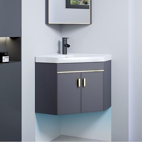 Pounjsd lavabo esquinero pequeño con mueble, mueble baño con lavabo pequeño suspendido, Fregadero Cocina Esquina Gabinete de Tocador, Lavabo cerámica de esquina Baño, Gris, 48×48cm