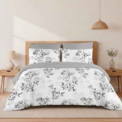 H HANSEL HOME Funda Nórdica Cama 135 – 4 Piezas – 100% Microfibra Suave y Transpirable – Funda Edredón 220x220 cm, Bajera 135x200+30 cm, 2 Fundas de Almohada 50x70 cm - Floral Gris