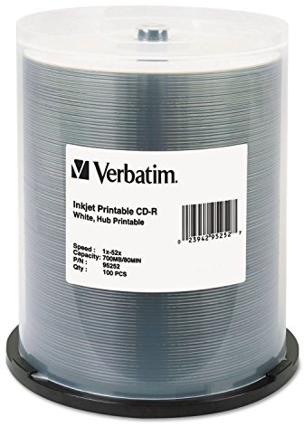 Verbatim CD-R 700MB 52X White Inkjet Hub Printable Recordable Media Disc - 100pk Spindle