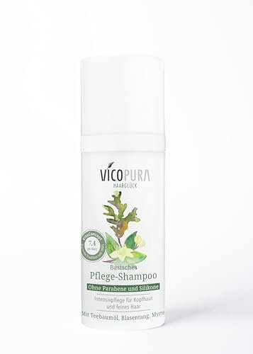 VICOPURA Pflege-Shampoo, basisches silikonfreies Haarshampoo, Volumenshampoo mit Teebaumöl, bei Kopfhautjucken, für feines normales bis fettiges Haar, 50ml