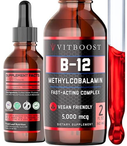 VITBOOST Vegan Liquid B-12 Drops – 60 x 5000 mcg Extra Strength Raspberry Flavored Vitamin B12 Liquid Methylcobalamin sublingual Supplement | Designed to Maximize Absorption & Energy | Gluten Free