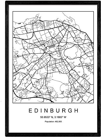Nacnic Lámina mapa de la ciudad Edinburgh estilo nordico en blanco y negro. Poster tamaño A4 Sin marco Impreso papel 250 gr. Cuadros, láminas y posters para salon y dormitorio