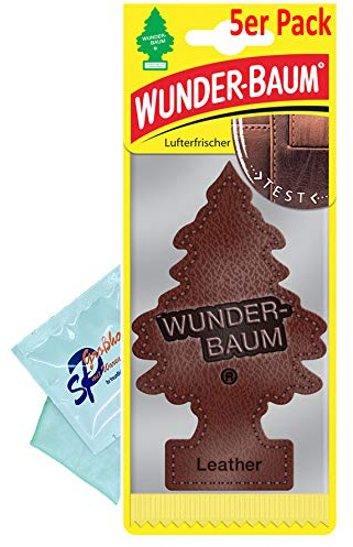 WUNDER-BAUM 5 pezzi in pelle (ex vera pelle), deodorante per ambienti con albero profumato originale, con 1 panno per la pulizia del vetro di SP