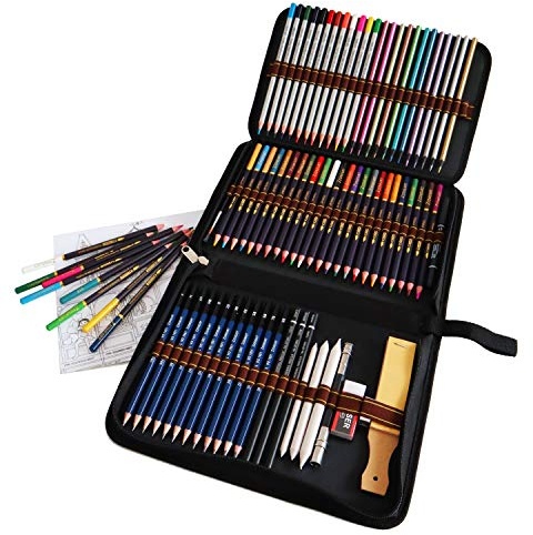 Crayon de Couleurs Professionnel, Kit Dessin Complet 72 pièces avec 24 Crayons Aquarelle 12 Crayon Couleurs 12 Crayons Metalliques et Accessoires, Idéal pour Artiste, Adultes