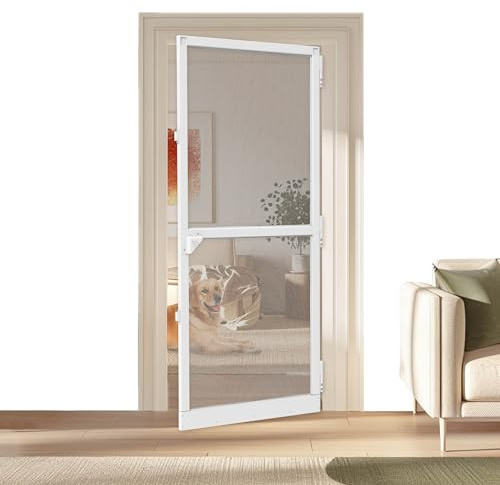 XMTECH Mosquitera profesional para puerta de hasta máx. 95 x 210 cm con tejido de fibra de vidrio, mosquitera para puerta 95 x 210 cm con marco de aluminio en color blanco