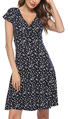 Beyove Robe à Fleurs pour Femme - Longueur Genou - Ligne A - Robe d'été à Manches Courtes - Robe en Jersey - Floral - Col en V