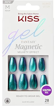 KISS Gel Fantasy Press On Nails “Chameleon” – Faux ongles bleus moyens amande coffin, press on nails qualité salon, manucure DIY avec 28 ongles, colle 2 g, bâtonnet et mini lime