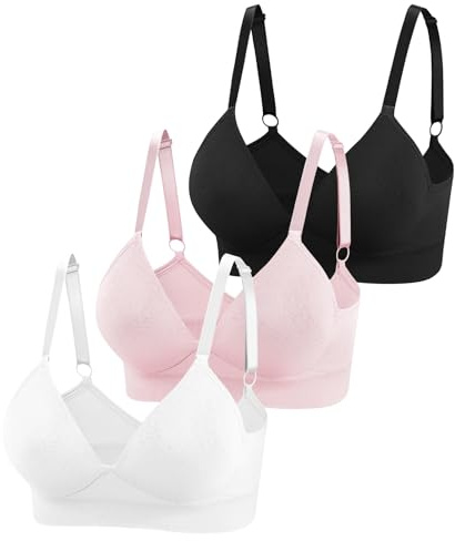 Eleplus 3 Pieces Deep V Wireless Bras for Women Seamless Comfy Bralettes Lightly Lined Multicolors Pack (Black+White+Pink,Large)