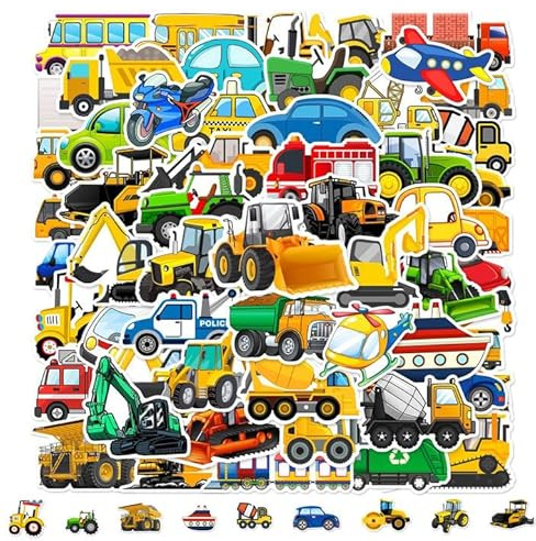 Bagger Sticker Kinder Set, 120 Stück Cartoons Fahrzeuge Aufkleber, Traktor Aufkleber Baustelle, Wasserdichte Vinyl Stickers, Auto Sticker Kinder für Laptop, Koffer, Skateboard, für Mitgebsel