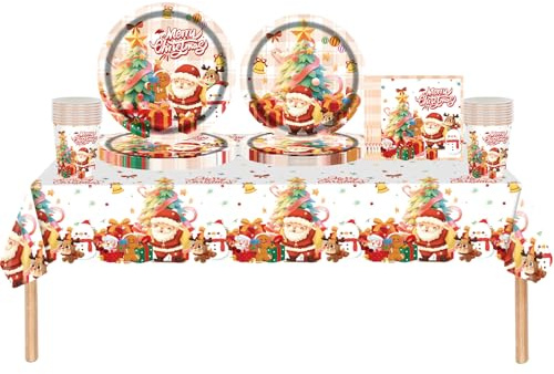69pcs Christmas Paper Party Tableware Set Plastic Table Cloth,Paper Plates Napkins Serviettes and Cups,Merry Christmas Decorations Santa Elf Dinnerware Set for Winter Holiday Xmas Party Table Decor