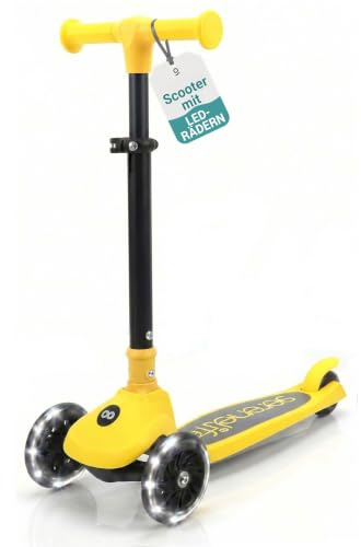 SereneLife Toddler Scooter, Adjustable Micro Scooter for Ages 2-5, Lightweight Kids 3 Wheel Design with LED Light-Up Wheels, Anti-Slip Deck & Lean-to-Steer Control, Indoor/Outdoor Use (Yellow)