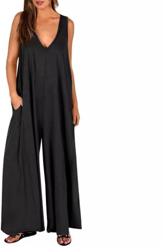 AOWVUTS Mono Mujer Casual Sin Mangas Jumpsuit Largo Pierna Ancha Pantalón Rompers Verano Tirantes Anchos Overol Cuello en V Suelto Peto con Bolsillos Holgado Clásico Color Sólido Palazzo