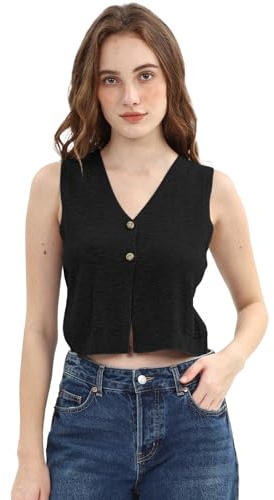 Amazhiyu Gilet da donna, senza maniche, con scollo a V, lavorato a maglia, stile casual, Nero , XL