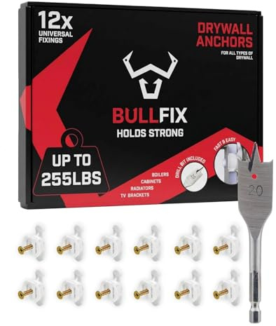 Bullfix Universal Plasterboard Fixings Heavy Duty - 12 Pack, Drywall Anchor for Dot & Dab, Stud & Hollow Cavity, Wall Anchor Kit with Screws, Holds Up To 116kg, 20mm Drill Bit