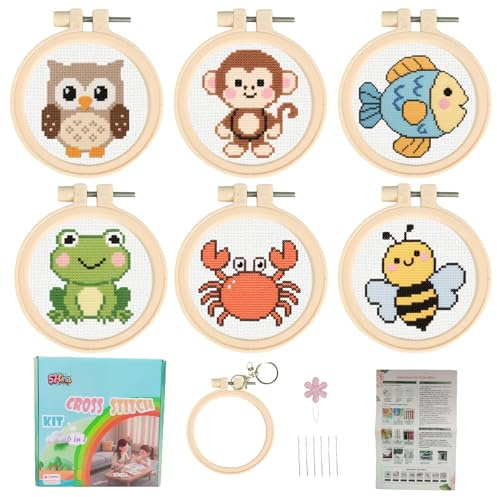 57lilina Kit Punto de Cruz Niños Completo con Hilos y Tela Impresa, 6 Set