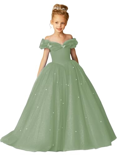 GETCUTE Junior Girls Puffy Princess Dress Pageant Party Dresses Floor Length Shiny Tulle Flower Girl Dress Sage Bridesmaid Evening Prom Maxi Gown Pearl Beads Sage Size 12