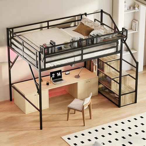 FAVSH Queen Size Metal Loft Bed with Storage Shelf Built-in USB Port, Heavy Duty Loft Bed w/Storage Stairs & Wardrobe+ LED Lights for Bedroom, Large Under-Bed Area, Noise Free, No Box Spring Needed
