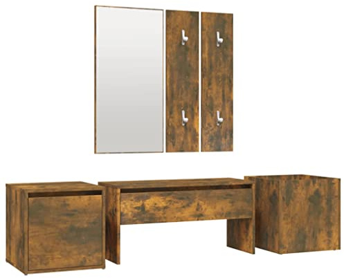 Mhdvray Ensemble de Meubles de Couloir 5 Pièces, Vestiaire d'Entrée en Bois d'Ingénierie Chêne Fumé avec Banc à Tiroir, Miroir Mural, Panneaux Supports et Jardinière Décorative