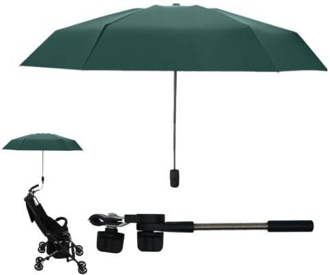 Barnvagn parasoll – med klämma, barnvagnsparaply med 360° | Svart vinylparaply med handtag, barnvagn parasoll UPF 50+, stolparaply att sätta på för barnvagnar, barnvagn