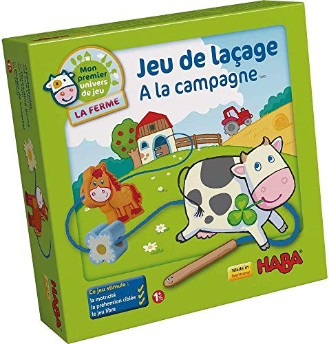 HABA 5895 – Il mio primo mondo di gioco – La fattoria – Gioco di infilare HABA alla fattoria con 10 figure di allacciatura in legno e 4 modelli (Made in Germany)